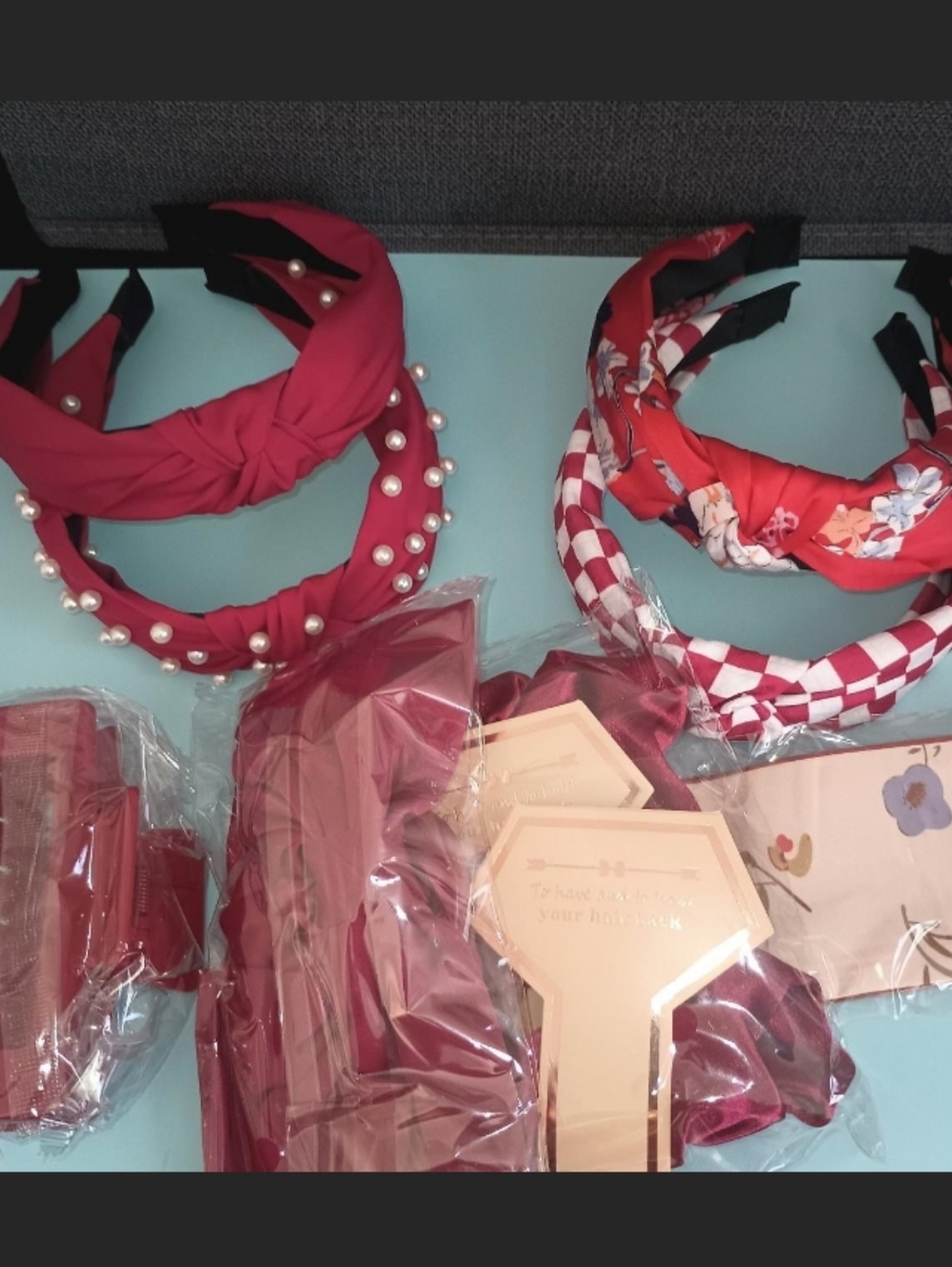 Red Pearl-Embellished and Patterned Headband Set